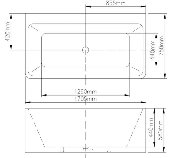 BT 058 STELLA 1700mm Free Standing Back to Wall Bath 1705x750x580mm
