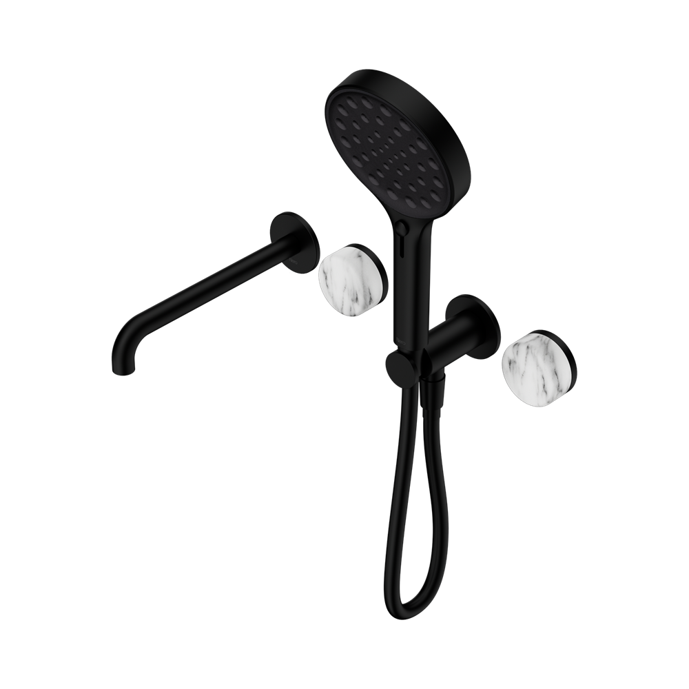 SERENITY PROGRESSIVE SHOWER SYSTEM WITH SPOUT WITH ARABESCATO CORCHIA HANDLE AND SERENITY HAND SHOWER MATTE BLACK (24E016MB)
