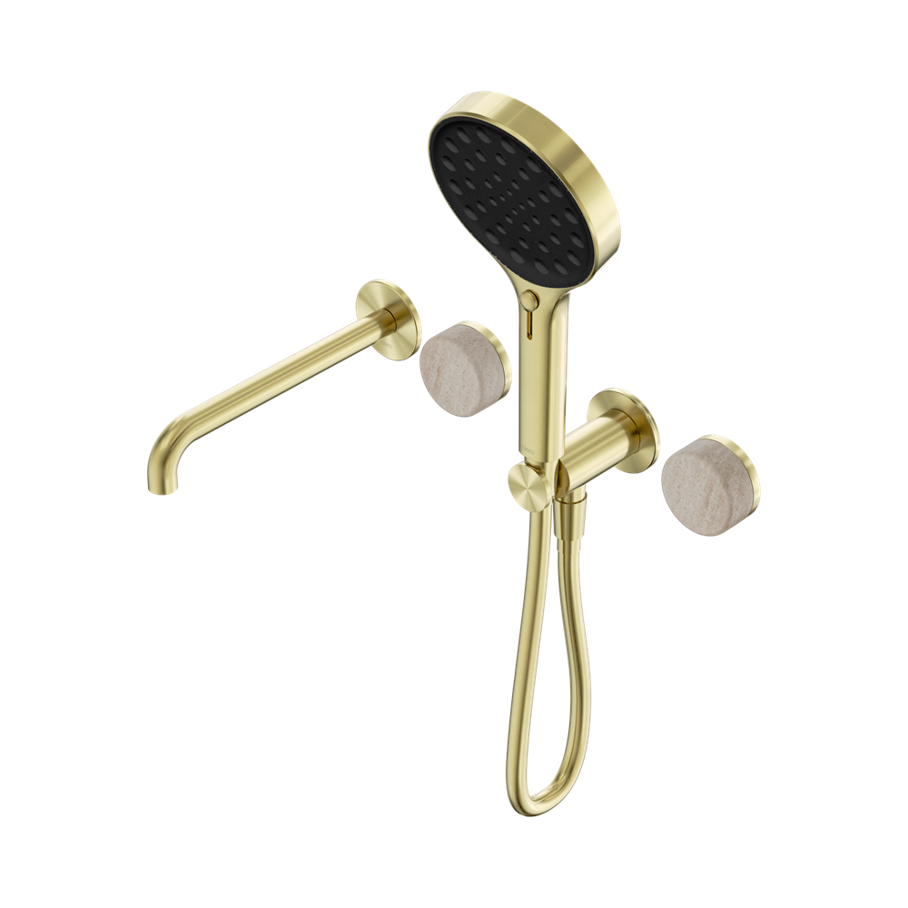 SERENITY PROGRESSIVE SHOWER SYSTEM WITH SPOUT WITH ROME TRAVERTINE HANDLE AND SERENITY HAND SHOWER BRUSHED GOLD (24E015BG)