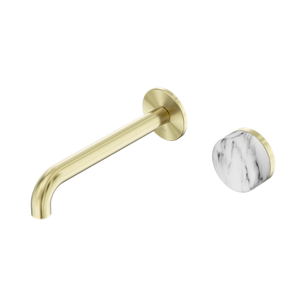 Serenity Progressive Wall Basin Mixer 160/185/220mm Spout With Arabescato Corchia Handle Brushed Gold