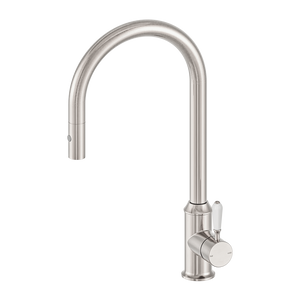 York Pull Out Sink Mixer With Vegie Spray Function With White Porcelain Lever Brushed Nickel (NR69210801BN)