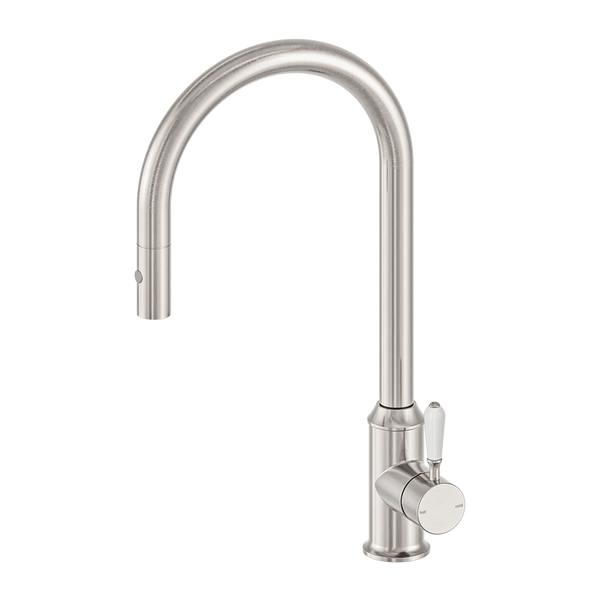 York Pull Out Sink Mixer With Vegie Spray Function With White Porcelain Lever Brushed Nickel (NR69210801BN)