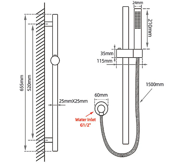 BUYG2147-1.SH ROUND BRUSHED BRASS WALL MOUNTED SLIDING RAIL WITH WATER HOSE & WALL CONNECTOR ONLY