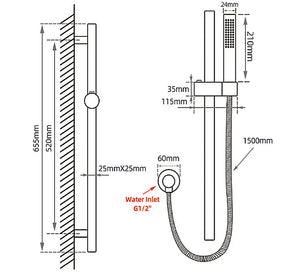 GM2147-1.SH ROUND GUN METAL GREY STAINLESS STEEL RAIL WITH HANDHELD SHOWER,FIXED WALL CONNECTOR SET