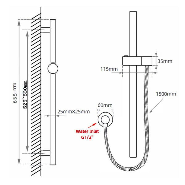TSI Showers GM2147-1.SH ROUND GUN METAL GREY STAINLESS STEEL RAIL WITH HANDHELD SHOWER,FIXED WALL CONNECTOR SET