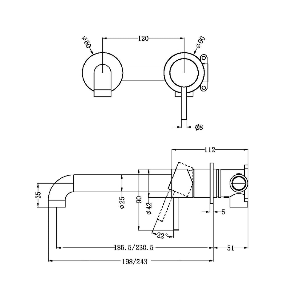 Zen SS316L Wall Basin/Bath Mixer Separate Back Plate 185/230mm Spout Brushed Bronze