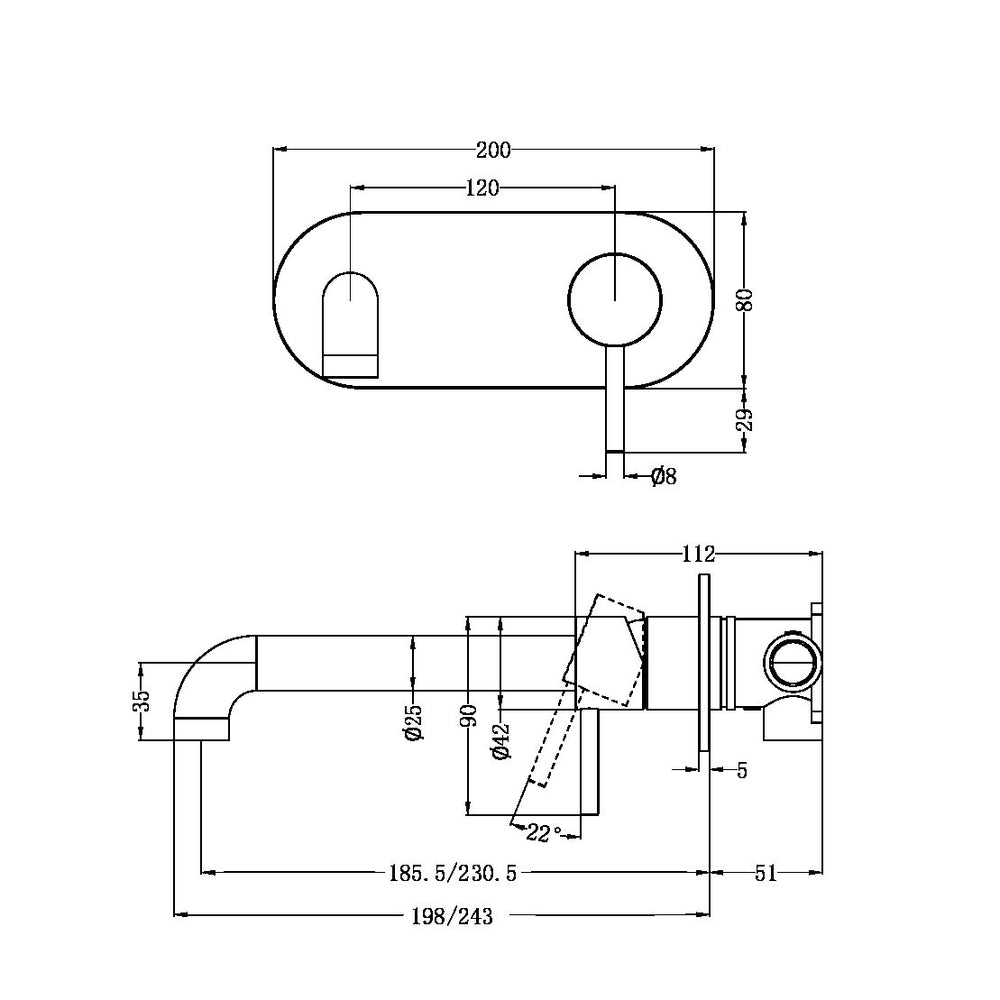 Zen SS316L Wall Basin/Bath Mixer 185/230mm Spout Brushed Nickel