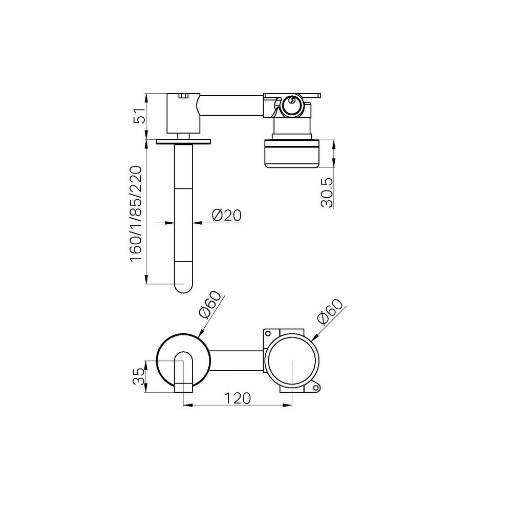 Serenity Progressive Wall Basin Mixer 160/185/220mm Spout With Rome Travertine Handle Matte Black