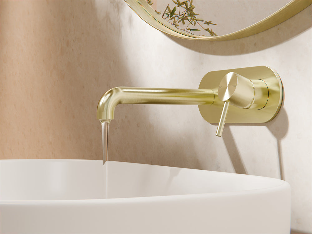 Zen SS316L Wall Basin/Bath Mixer 185/230mm Spout Brushed Gold