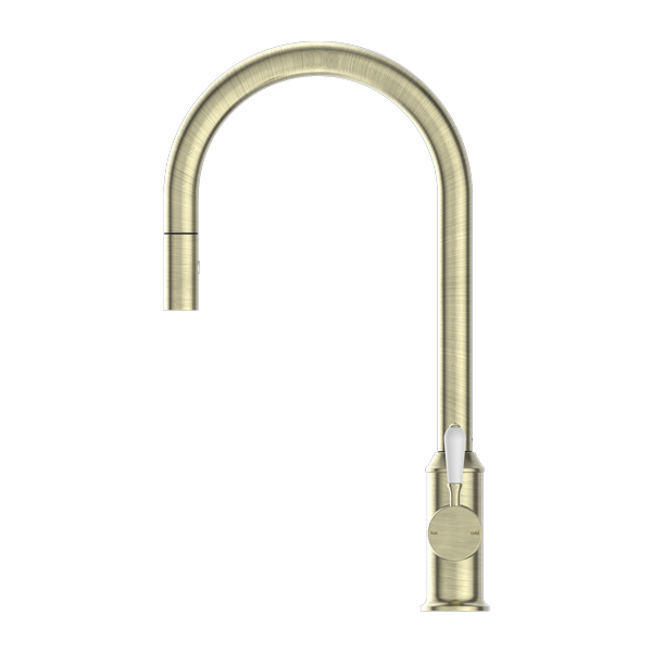 YORK PULL OUT SINK MIXER WITH VEGIE SPRAY FUNCTION WITH WHITE PORCELAIN LEVER AGED BRASS (NR69210801AB)