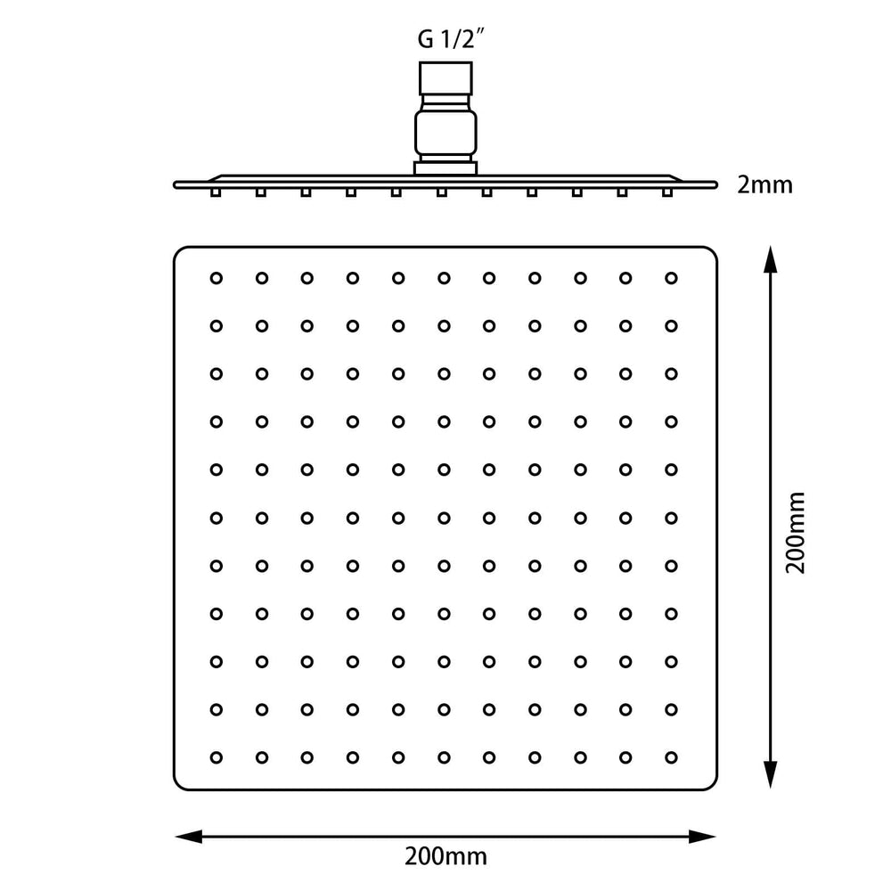 OX0100.SH SUPER-SLIM SQUARE BLACK RAINFALL SHOWER HEAD 200MM