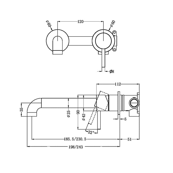 Zen SS316L Wall Basin/Bath Mixer Separate Back Plate 185/230mm Spout Graphite
