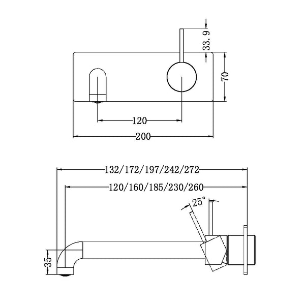 MECCA WALL BASIN/BATH MIXER HANDLE UP 120/160/185/230/260MM BRUSHED GOLD