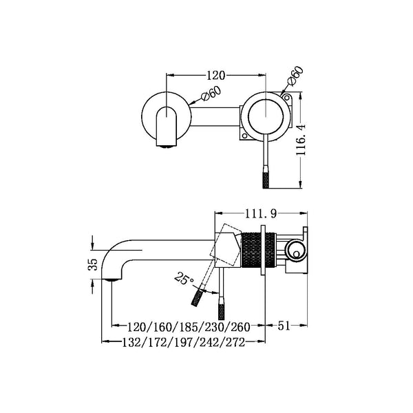 OPAL WALL BASIN/BATH MIXER SEPARATE BACK PLATE 120/160/185/230/260MM BRUSHED NICKEL