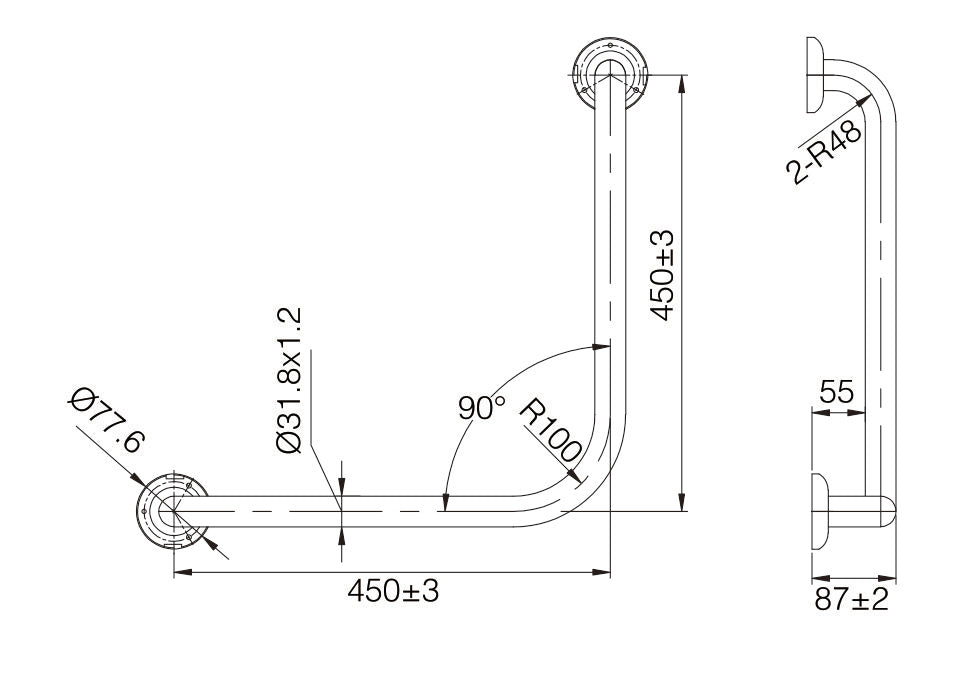TP Grab45MK MOBI CARE 450 x 450mm 90 Degree Grab Rail in Matte Black