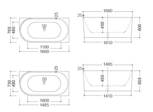 BT 258RS BONDI 1485mm Right Hand Back to Wall Free Standing Bath Tub 1485x730x605mm