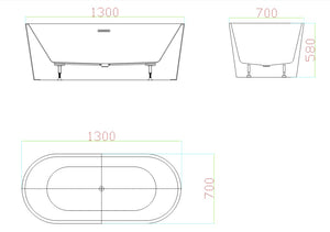 BT 086P  1300x700x580mm VIVO Free Standing Bath 1300