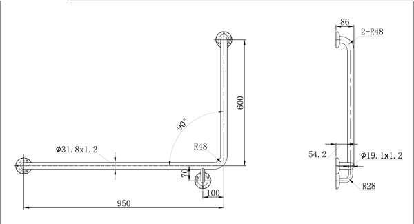 TP GRAB956L MK MOBI CARE 950 x 600 LH Grab Rail in Matte Black