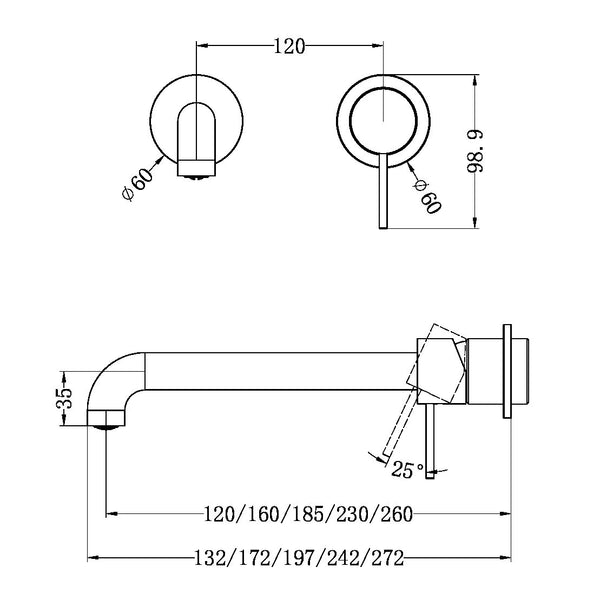 MECCA WALL BASIN/BATH MIXER SEPARATE BACK PLATE 120/160/185/230/260MM MATTE BLACK