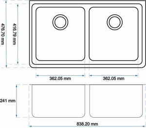 TSI Sinks WH8347.KS WHITE KITCHEN SINK GRANITE STONE UNDER MOUNT DOUBLE BOWLS 838*476*241MM