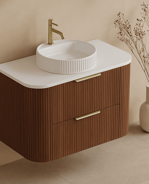 KDK Vanity Arden-D Walnut Fluted Curved Wall Hung Vanity Cabinet 900mm