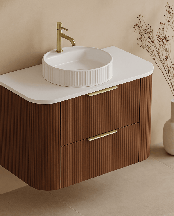 KDK Vanity Arden-D Walnut Fluted Curved Wall Hung Vanity Cabinet 900mm