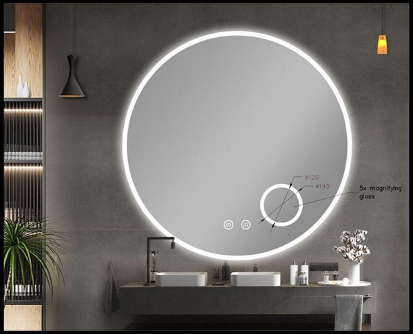 TSI Vanities T-900LRM 900MM ROUND 3 COLOR LIGHTING ACRYLIC LED MIRROR TOUCH SENSOR SWITCH DEFOGGER PAD WALL MOUNTED(COME WITH MAGNIFIER) - LIGHTING ON THE RIM