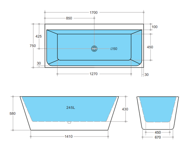 ABT1700 Avis BTW Bathtub NON OVERFLOW 1700*750*580mm