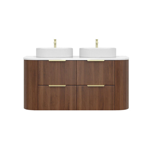 KDK Vanity Arden-D Walnut Fluted Curved Wall Hung Vanity Cabinet 1200mm - Double Bowl Layout