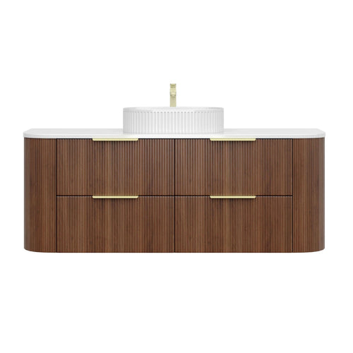 KDK Vanity Arden-D Walnut Fluted Curved Wall Hung Vanity Cabinet 1500mm - Single Bowl Layout