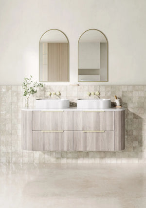 KDK Vanity Arden-D Classic Oak Fluted Curved Wall Hung Vanity Cabinet 1500mm - Double Bowl Layout