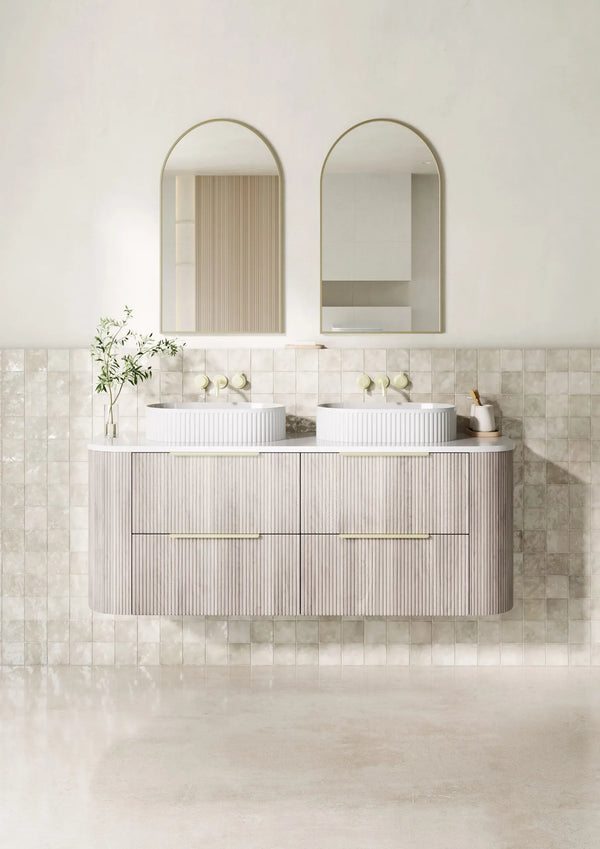 KDK Vanity Arden-D Classic Oak Fluted Curved Wall Hung Vanity Cabinet 1500mm - Double Bowl Layout
