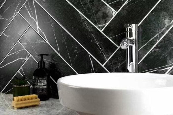GNS Tile ART209 HB35150NM-H ARTEMIS NERO MARQUINA HERRINGBONE HONED 35X150MM (235x240mm per Sheet)
