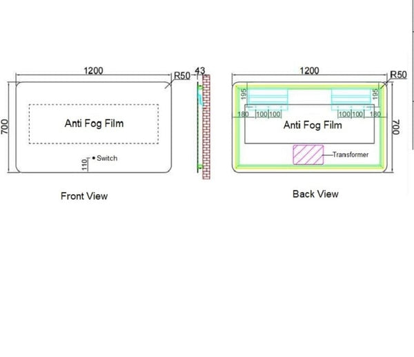 ZENMO simple Anti Fog Mirror with LED Light 1200x700mm