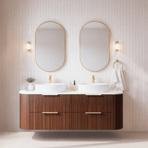 KDK Vanity Arden-D Walnut Fluted Curved Wall Hung Vanity Cabinet 1200mm - Double Bowl Layout