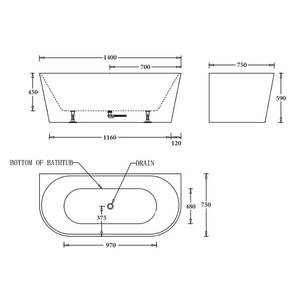 Noveen Bathtubs BTA1400 Atlanta BACK TO WALL BATHTUB 1400x750x590MM
