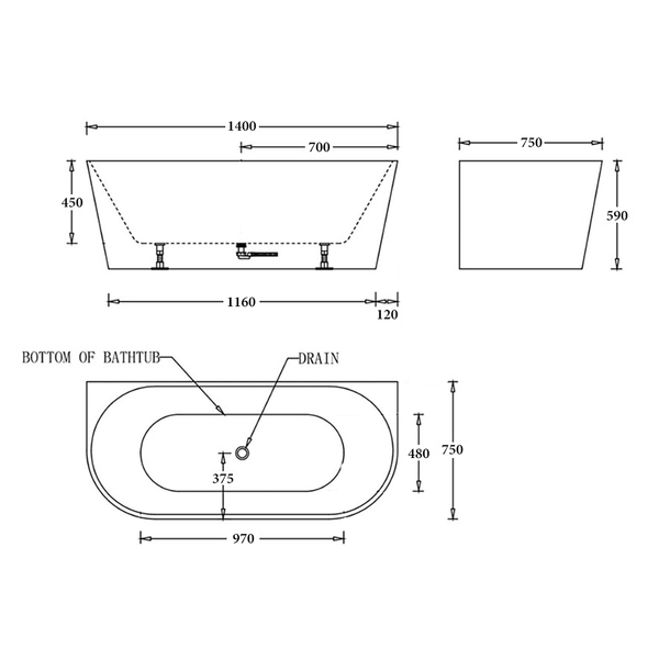 Noveen Bathtubs BTA1400 Atlanta BACK TO WALL BATHTUB 1400x750x590MM