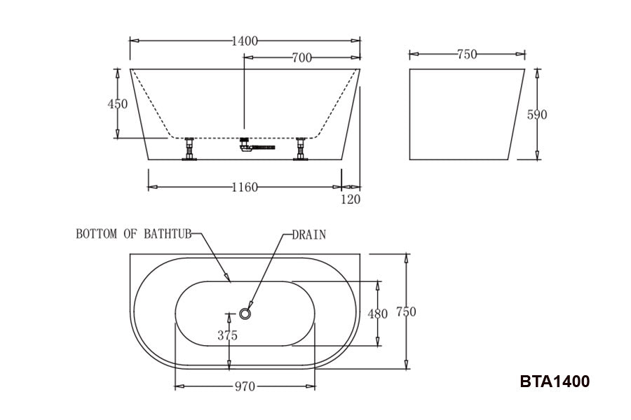 BTA1400 Atlanta BACK TO WALL BATHTUB 1400x750x590MM