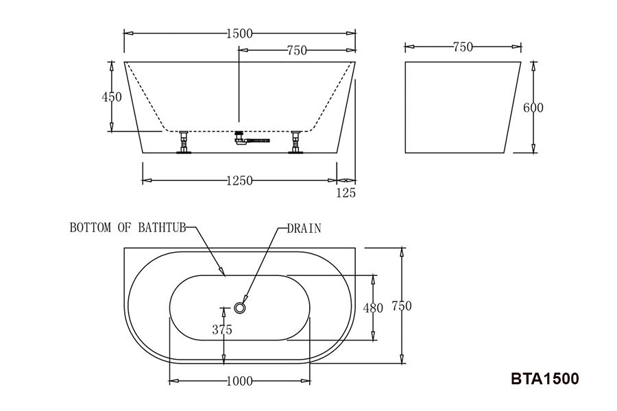 BTA1500 Atlanta BACK TO WALL BATHTUB 1500x750x600MM
