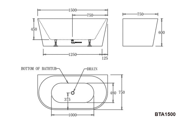 BTA1500 Atlanta BACK TO WALL BATHTUB 1500x750x600MM