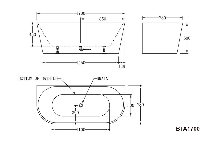 BTA1700 Atlanta BACK TO WALL BATHTUB 1700x780x600MM