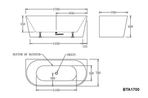 BTA1700 Atlanta BACK TO WALL BATHTUB 1700x780x600MM