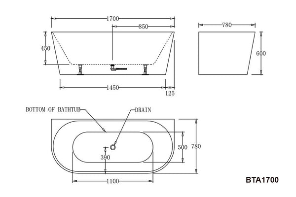 BTA1700 Atlanta BACK TO WALL BATHTUB 1700x780x600MM