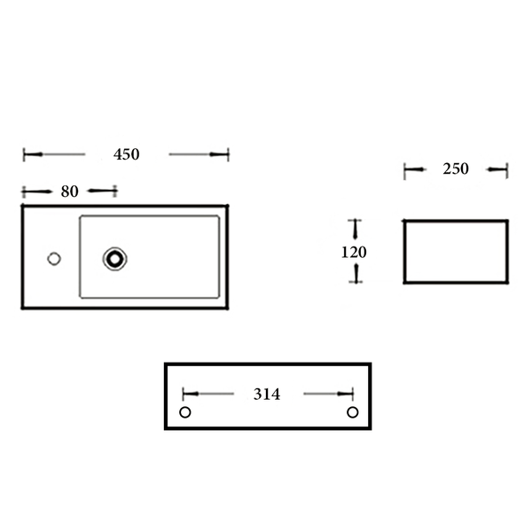 Noveen Basins BA200L - Wall Hung Basin 450x250x120MM Left Hand Tap