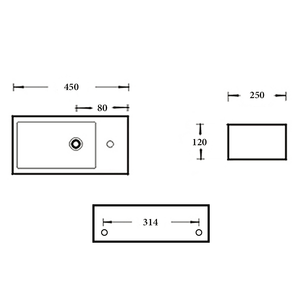 Noveen Basins BA200R - Wall Hung Basin 450x250x120MM Right Hand Tap