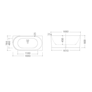 ZENMO Bathtubs BT 258R BONDI 1680mm Right Hand Back to Wall Free Standing Bath Tub 1680x765x600mm