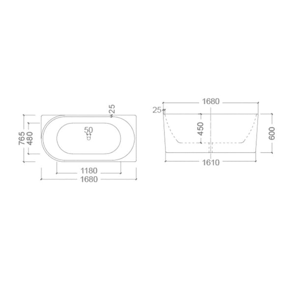 ZENMO Bathtubs BT 258R BONDI 1680mm Right Hand Back to Wall Free Standing Bath Tub 1680x765x600mm