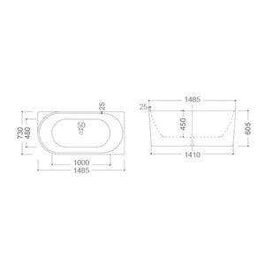 ZENMO Bathtubs BT 258RS BONDI 1485mm Right Hand Back to Wall Free Standing Bath Tub 1485x730x605mm