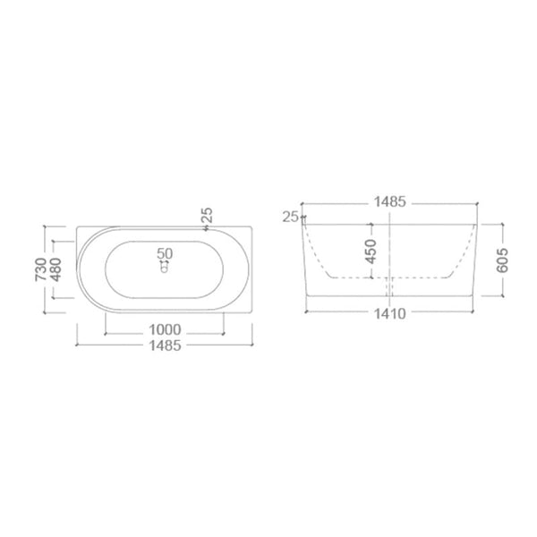ZENMO Bathtubs BT 258RS BONDI 1485mm Right Hand Back to Wall Free Standing Bath Tub 1485x730x605mm