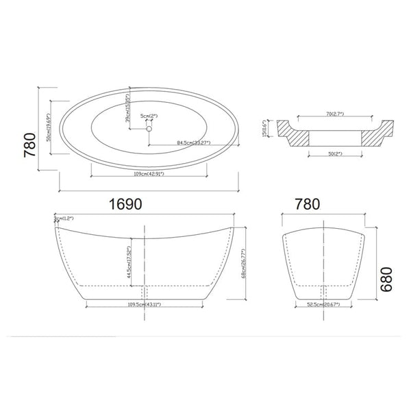 ZENMO Bathtubs BT 281 BRAVO Free Standing Bath Tub 1700 (Plug Included)